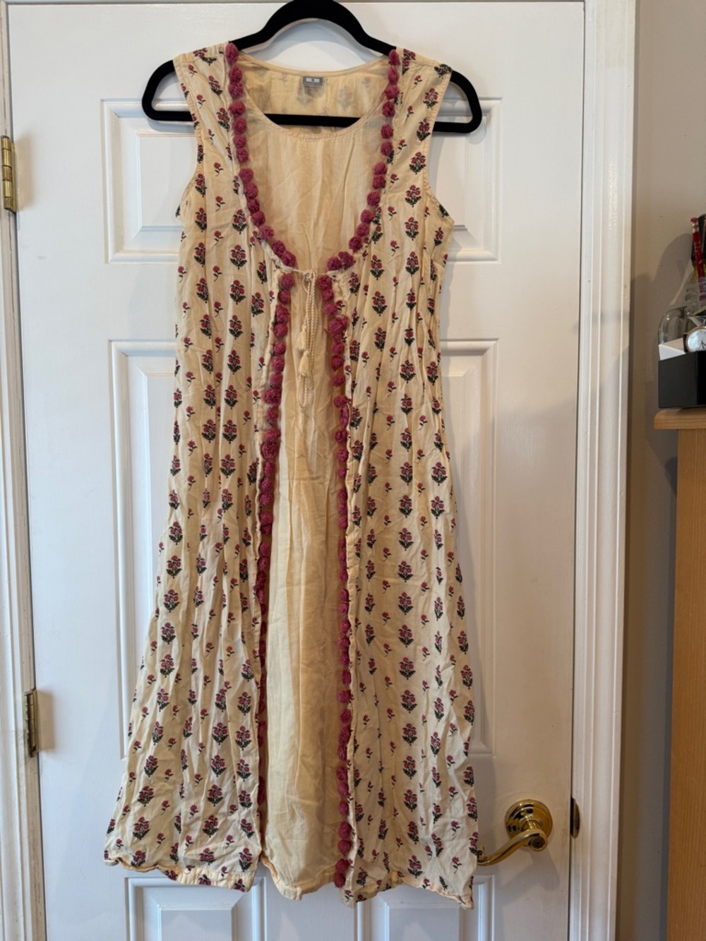 Cream Floral Embroidered Sleeveless Dress with Pink Trim